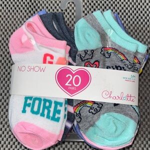 Charlotte “Girl Power” 20-Pair Pack of Girls Socks No Show Ankle Size S/M